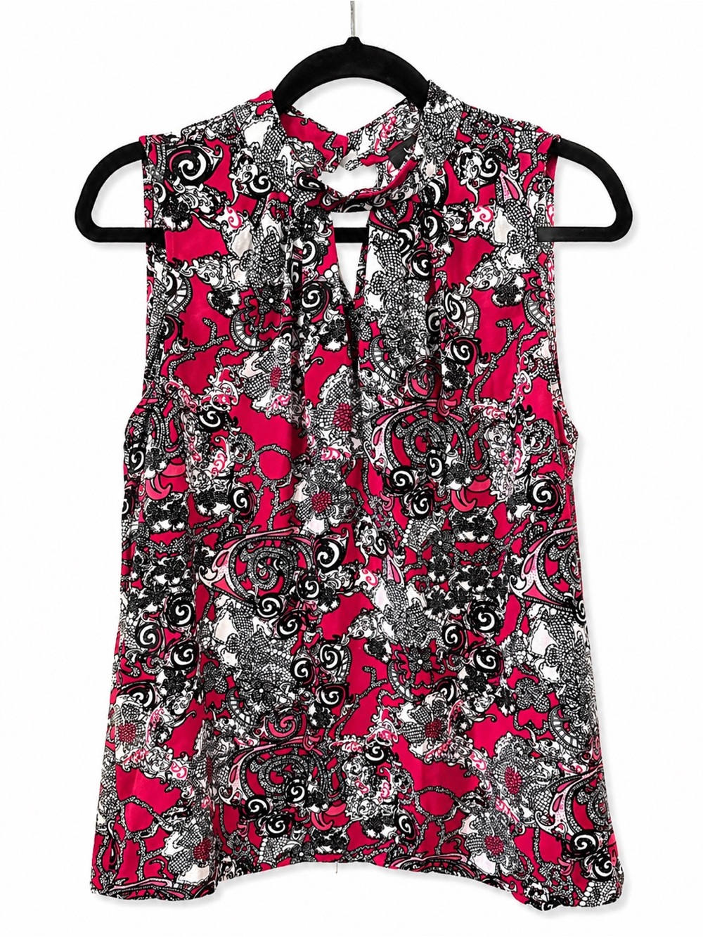 Nine West Sleeveless Blouse Pink Black White Paisley Print Tie Neck Size M